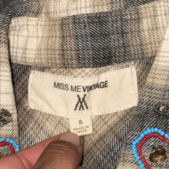 Miss Me Vintage Shirt Dress Women’s Small Brown Black Plaid Embroidered Beaded - Picture 8 of 11
